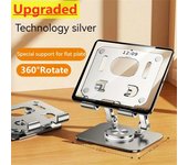 Soporte para teléfono móvil y tableta 360, soporte de escritorio ajustable de aleación de aluminio, plegable para IPhone, IPad, portátil y Samsung plata