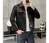 Primavera y otoño nueva moda para hombres chaqueta de cuero versátil estampado completo línea B cuello Polo tendencia de motocicleta abrigo de cuero PU L