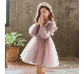 Vestidos de primavera y otoño para niñas, vestido de princesa de encaje con mangas abullonadas, vestido de fiesta de malla con cuello redondo y perlas 160cm beige