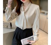 Camisa elegante de oficina para Mujer, Blusa de satén verde, Blusa de manga larga a la moda con lazo, Tops con cintas, ropa para Mujer 2022 16707 S verde