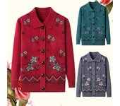 Suéter de punto holgado y grueso de manga larga con estampado floral y cuello tipo polo con botones e incrustaciones de diamantes para mujer Otoño Invierno XL gris