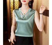 Camisa juvenil lisa con cuello de pico para mujer, blusa de satén sin mangas a la moda para mujer, Top de seda informal holgado, ropa elegante 25213 M de orion