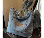Mochila de tela vaquera lavada, mochila diagonal de ocio cultural y artístico de gran capacidad, mochila diagonal de lona para clase de estudiante azul oscuro