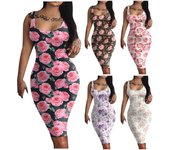 Vestido de verano para mujer, estampado floral, cuello redondo, sin mangas, vestido sin mangas, ajustado, vestido de playa, vestido midi de lana L color rosa