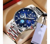 Reloj de pulsera de lujo para hombre con esfera estrellada, luminoso, resistente al agua, cronógrafo, fecha, reloj para hombre, relojes de cuarzo de acero inoxidable para hombre azul