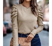 Blusa de manga larga con botones y cuello redondo y mangas abullonadas para mujer, nueva para otoño e invierno S marrón