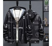 Chaqueta de protección solar para hombre, con capucha, manga larga, bolsillos, cierre de cremallera, protección solar, estampado de letras, secado rápido M negro