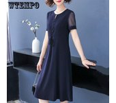 Vestido de gasa liso para mujer, vestido suelto de manga corta de longitud media, vestido informal de verano para mamá, vestido acampanado a la moda L rojo