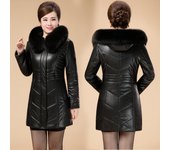 FiveFive Chaqueta de cuero de PU Abrigo de invierno para mujer Cremallera Cuello de piel Espesar Algodón cálido Abrigo con capucha Cuero de PU Parkas para mujeres de mediana edad L negro