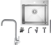 Fregadero de cocina 1 Cubeta 50x45CM acero inoxidable Cepillado, grifo de cocina Giratorio 360°