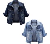 Chaqueta vaquera para mujer, abrigo vaquero de manga 3/4, chaqueta vaquera informal ajustada para otoño e invierno, chaqueta vaquera, abrigo con bolsillos XXL azul oscuro