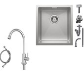 Fregadero de cocina bajo encimera de acero inoxidable de 40 x 44 cm + grifo de agua fría cepillado