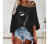 Tops de mujer con cuello oblicuo de tiras, blusa con estampado de cara y manga 45355, camiseta holgada, ropa de calle S azul royal