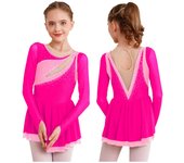 Vestido de patinaje sobre hielo de manga larga con diamantes de imitación brillantes para niñas, traje de danza lírica moderna de Ballet 5-6 Years púrpura