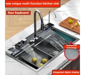 Fregadero de Cocina integrado en cascada, tecnología de panal, pantalla digital grande, dispensador de jabón de acero inoxidable, lavadora de vasos 75x46cm negro