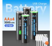 Batería de iones de litio AA de 1,5 V, batería de litio recargable AA de 3000 mWh, pilas AA de polímero de litio con cable USB para ratón de control remoto negro