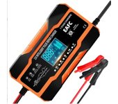 Cargador de batería para coche, 12 V, 12 A, 10 A, 7 etapas, carga por pulsos, reparación con pantalla LCD digital para coche y motocicleta naranja