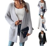 Suéter de punto de otoño e invierno para mujer, cárdigan informal, chaqueta con doble bolsillo L gris