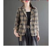 Chaquetas de otoño para mujer, abrigo, blazers artísticos retro a cuadros, traje vintage con cuello con muescas, chaqueta de cuadros de manga larga para invierno L azul marino