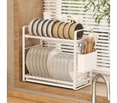 Escurreplatos multifuncional con soporte para utensilios, fácil de instalar, gran capacidad, 2 niveles, con escurridor. blanco