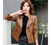 Nueva chaqueta de cuero para mujer, moda de primavera, abrigo de piel de oveja corta con cuello levantado, estilo Moto y motero 5XL