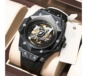 Reloj automático negro QINGXIYA con esqueleto hueco para hombre, de silicona de calidad, resistente al agua, con manecillas luminosas, relojes militares.