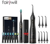 Fairywill Combinación de cepillo de dientes eléctrico e irrigadores portátiles Cargador USB Estuche de viaje FW-5020 FW-507 S negro