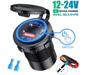 USB tipo C puerto dual coche motocicleta barco cargador enchufe QC 3.0 PD carga rápida adaptador de corriente automático con interruptor de encendido/apagado 12-24 V luz azul universal Without Wire azul