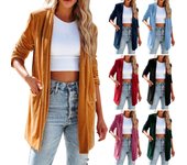 Chaqueta de terciopelo de manga larga lisa para mujer, traje, cárdigan abierto por delante, abrigo con bolsillos, ropa de abrigo XXL negro