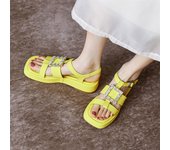 Meotina Zapatos de mujer Cuero genuino Sandalias T-Strap Sandalias de plataforma plana Hebilla Cristal Calzado de señora Verano Beige Amarillo 34 beige