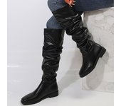 Botas holgadas hasta la rodilla para mujer, botas planas sin cordones, botas de montar de pantorrilla ancha y tacón bajo y grueso, botas de motociclista sin cordones con punta cuadrada 35 negro