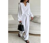 Conjuntos de dos piezas de lino y algodón de talla grande para mujer, ropa deportiva, pantalón, traje de otoño, conjuntos de blusa de manga larga, chándal blanco y negro 2XL negro