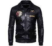 Chaqueta de cuero bordada para otoño e invierno para hombre, chaqueta de moto impermeable de piel sintética con forro polar M negro