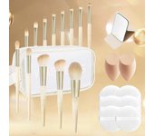 El juego de 13 brochas de maquillaje incluye 13 brochas de maquillaje + borla + huevo de maquillaje + espejo de maquillaje + bolsa de almacenamiento beige