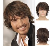 Peluca corta de estilo europeo y americano para hombre, rizada hacia afuera, color marrón, para uso diario, de aspecto natural, esponjosa y recta, con flequillo dividido a un lado negro