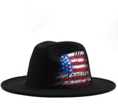 2021 Hecho a mano Bandera americana pintado de lana Fieltro negro Sombrero Fedora para mujeres / hombres Ala ancha Otoño Invierno Panama Jazz Cap 56-58cm Adjustable