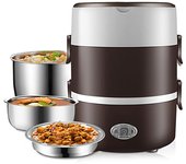 Fiambrera eléctrica de 220V para el hogar y la escuela, olla arrocera de vapor portátil de acero inoxidable, calentador de alimentos de 200W, contenedor multicapa 2 Layer Brown