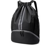 Mochila deportiva con cordón y compartimento para zapatos, bolsillo impermeable para mujeres y hombres, gran capacidad, para natación, gimnasio azul