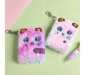 Lindo cuaderno de felpa de gato para niñas, llavero con colgante Kawaii, cuaderno de gatos peludos, planificador diario, cuaderno de notas, manual de papelería amarillo