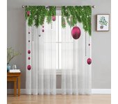 Cortinas de tul transparentes para ventana, para sala de estar, con diseño de hojas de árbol de Navidad, bolas verdes y rojas, copos de nieve y plantas W135 x H115cm x1&Rod Pocket
