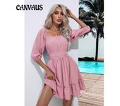 Vestido de verano para mujer con volantes y cuello cuadrado, vestido de color sólido, vestido corto con lazo dulce y fresco S blanco