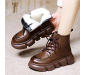 Botas de Mujer Invierno Nuevas Botas de Nieve de Piel Plataforma Felpa Cómodas Antideslizantes Cálidas con Cordones a Prueba de Frío Botines de Algodón 40 marrón