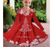 Vestido de princesa para niña, informal, con estampado de líneas navideñas en 3D, cuello redondo y manga larga 110 rojo