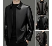 Chaqueta de hombre con solapa y manga larga con cremallera y tapeta de corte regular, abrigo de color liso, estilo corto, chaqueta de piel sintética, ropa informal de calle M marrón