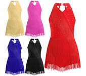 Vestido de leotardo latino para niñas, traje de baile con flecos y diamantes de imitación, vestido con falda, cuello en V, sin mangas, mono con borlas 15-16 Years rojo
