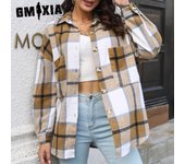 GMXIA Blusas y camisas de cuello POLO de manga larga con estampado de cuadros informales a la moda para mujer S azul