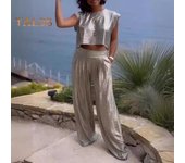 Conjunto de dos piezas para mujer, con cuello redondo, sin mangas, top corto y pantalones anchos, estilo informal y holgado, para estar en casa. M rojo rosa