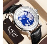 2023 LIGE Relojes para hombre Moda Planeta Azul Tierra Creativa Reloj de pulsera de cuarzo Reloj deportivo de cuero para hombres Reloj + Caja negro/blanco