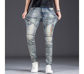 Vaqueros ajustados elásticos azules nostálgicos para motociclista para hombre: pantalones vaqueros ajustados con costuras modernas. 38 (200 lbs)