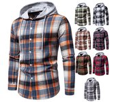 Camisas clásicas retro a cuadros para hombre, chaqueta de manga larga con capucha ajustable, camisa informal a cuadros para hombres, camisas de trabajo ligeras S